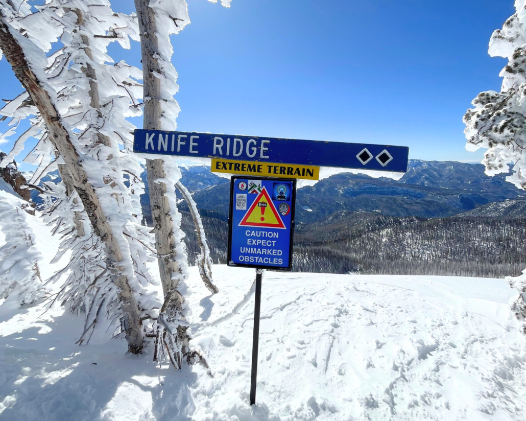 Knife Ridge trail sign at Wolf Creek Ski Area, Colorado.